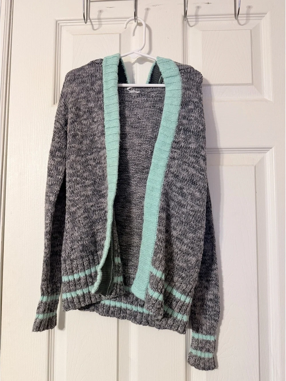 Justice Girl's Gray & Mint Hooded Cardigan with Pom Poms Size 7/8